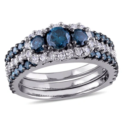 Amour 2 Ct Tw Blue And White Diamond 3-stone Cluster 3-pc Bridal Ring Set In 10k White Gold With Bla