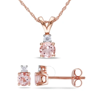 Amour 2 Pc Set Of 1/10 Ct Tw Diamond And Morganite Stud Earrings And Necklace In 10k Rose Gold In Pink
