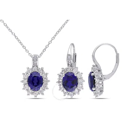 Amour 2-pc Set Of 12 1/10 Ct Tgw Created Blue And Created White Sapphire And Diamond Halo Pendant Wi In Metallic