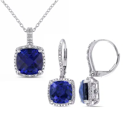 Amour 2-pc Set Of 12 1/5 Ct Tgw Created Blue Sapphire And 1/3 Ct Tw Diamond Halo Earring And Pendant In White