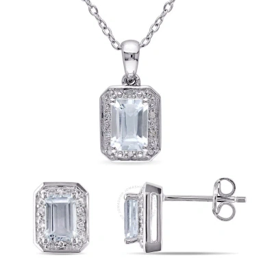 Amour 2 Pc Set Of 1/8 Ct Tw Diamond And Aquamarine Octagonal Earrings And Pendant With Chain In Ster In White
