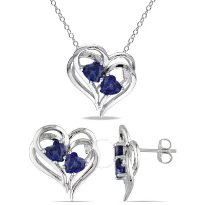 Amour 2-pc Set Of 3 2/5 Ct Tgw Created Blue Sapphire And Diamond Accent Heart Stud Earrings And Pend In White
