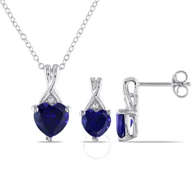 Amour 2-pc Set Of 3 3/4 Ct Tgw Created Blue Sapphire And Diamond Heart Pendant With Chain And Stud E In White