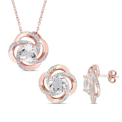 Amour 2 Pc Set Of 7 3/4 Ct Tgw White Topaz Swirl Stud Earrings & Necklace In Rose Plated Sterling Si In Pink