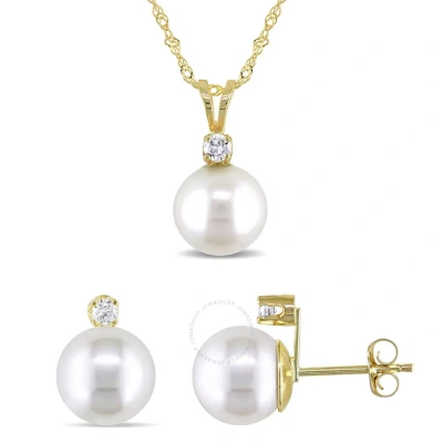 Amour 2-pc Set Of 8-9 Mm Cultured Freshwater Pearl And 1/6 Ct Tw Diamond Stud Earrings And Pendant W In Yellow