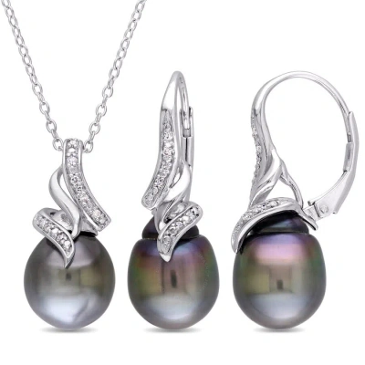 Amour 2 Pc Set Of 9 - 9.5 Mm Black Tahitian Pearl And 1/10 Ct Tw Diamond Vintage Drop Pendant And Ch In White