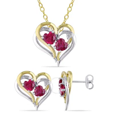Amour 2-pc Set Of Created Ruby And Diamond Accent Heart Stud Earrings And Pendant With Chain In 2-to In Gold