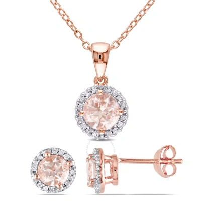 Amour 2-pc Set Of Morganite And 1/6 Ct Tw Diamond Halo Stud Earrings And Necklace In Rose Plated Ste In Pink