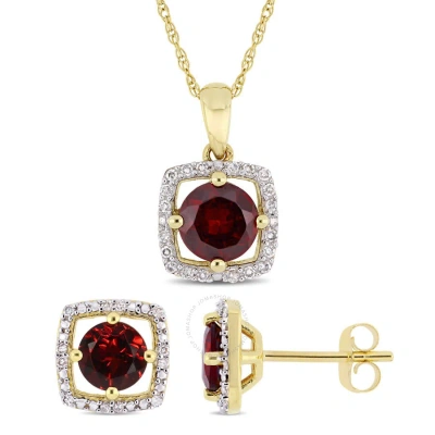 Amour 2-piece Set Of 2 1/5 Ct Tgw Garnet And 1/6 Ct Tw Diamond Square Halo Stud Earrings And Pendant In Yellow