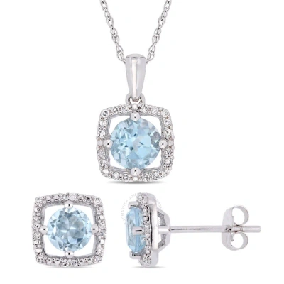 Amour 2-piece Set Of 2 Ct Tgw Sky Blue Topaz And 1/6 Ct Tw Diamond Square Halo Stud Earrings And Pen In Metallic