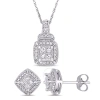 AMOUR AMOUR 2-PIECE SET OF 5/8 CT TW PRINCESS AND ROUND DIAMOND CLUSTER STUD EARRINGS AND PENDANT WITH CHA