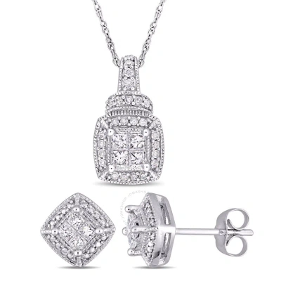 Amour 2-piece Set Of 5/8 Ct Tw Princess And Round Diamond Cluster Stud Earrings And Pendant With Cha In White
