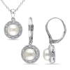 AMOUR AMOUR 2 PIECE SET OF 7.5-8 MM CULTURED FRESHWATER PEARL AND 1/10 CT TW DIAMOND HALO LEVERBACK EARRIN