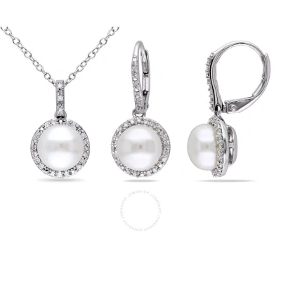 Amour 2-piece Set Of 8-8.5 Mm Cultured Freshwater Pearl And 1/3 Ct Tw Diamond Halo Leverback Earring In White