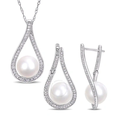 Amour 2-piece Set Of 9 - 9.5 Mm Cultured Freshwater Pearl And 1/2 Ct Tw Diamond Teardrop Earrings An In White