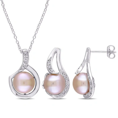 Amour 2-piece Set Of 9 - 9.5 Mm Pink Cultured Freshwater Pearl And 1/10 Ct Tw Diamond Halo Earrings In White