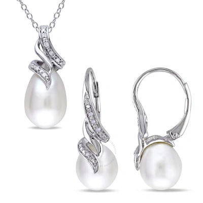 Amour 2 Piece Set Of 9-9.5 Mm Cultured Freshwater Pearl And 1/10 Ct Tw Diamond Twist Leverback Earri In White