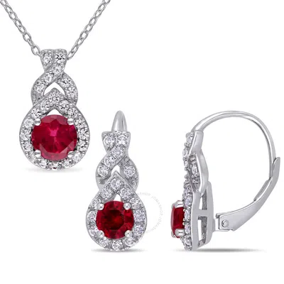 Amour 2-piece Set Of Created White Sapphire And Created Ruby Twist Teardrop Halo Leverback Earrings  In Metallic