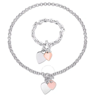 Amour 2 Piece Set Of Heart Charm Bracelet And Necklace In Two-tone Rose And White Sterling Silver In Metallic