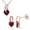 AMOUR AMOUR 2-PIECE SET OF HEART SHAPED GARNET AND DIAMOND EARRINGS AND PENDANT WITH CHAIN IN 10K ROSE GOL