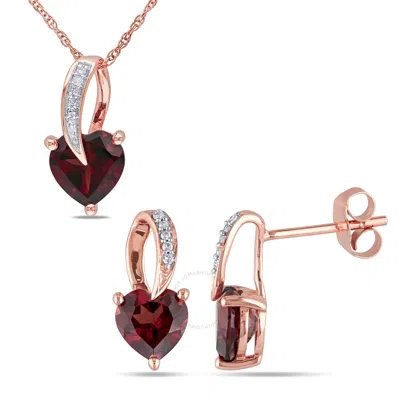 Amour 2-piece Set Of Heart Shaped Garnet And Diamond Earrings And Pendant With Chain In 10k Rose Gol In Red