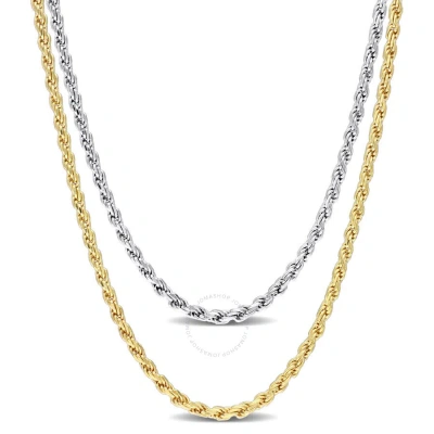Amour 2.2mm Rope Chain Necklace Set 18 Inch 18k Yellow Gold Plated And 16 Inch White Sterling Silver In Multi