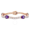 AMOUR AMOUR 21 CT TGW AFRICA-AMETHYST AND WHITE TOPAZ STATION LINK BRACELET IN ROSE GOLD PLATED STERLING S