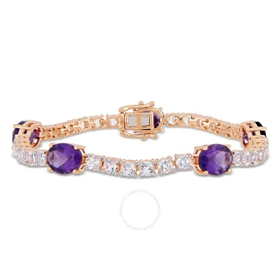 Amour 21 Ct Tgw Africa-amethyst And White Topaz Station Link Bracelet In Rose Gold Plated Sterling S In Amethyst / Gold / Ink / Pink / Rose / Rose Gold / Silver / White