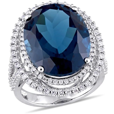 Amour 22 Ct Tgw London Blue Topaz And 7/8 Ct Tw Diamond Double Halo Ring In 14k White Gold