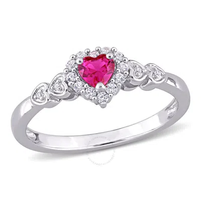 Amour 2/5 Ct Tgw Created Ruby Created White Sapphire And Diamond-accent Halo Heart Ring In Sterling In Metallic