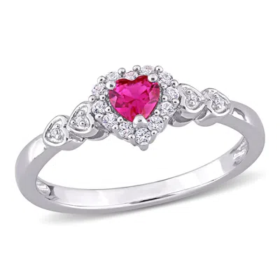 Amour 2/5 Ct Tgw Created Ruby Created White Sapphire And Diamond-accent Halo Heart Ring In Sterling  In ["white"]