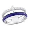 AMOUR AMOUR 2/5CT TDW MARQUISE AND ROUND-SHAPED DIAMONDS BLUE ENAMEL DOUBLE ROW RING IN 14K WHITE GOLD