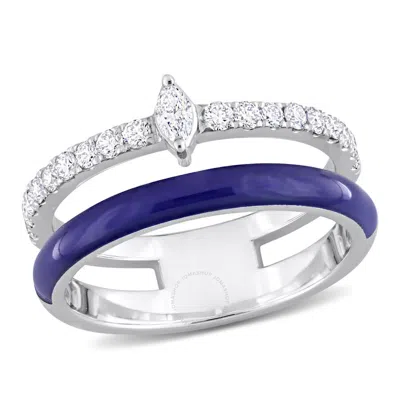 Amour 2/5ct Tdw Marquise And Round-shaped Diamonds Blue Enamel Double Row Ring In 14k White Gold