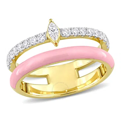 Amour 2/5ct Tdw Marquise And Round-shaped Diamonds Pink Enamel Double Row Ring In 14k Yellow Gold