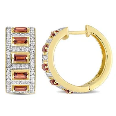 Pre-owned Amour 3 1/10 Ct Tgw Baguette Garnet And White Topaz Hoop Earrings In Yellow