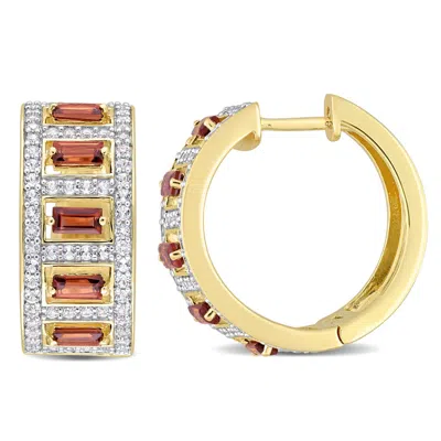 Amour 3 1/10 Ct Tgw Baguette Garnet And White Topaz Hoop Earrings In Yellow Plated Sterling Silver
