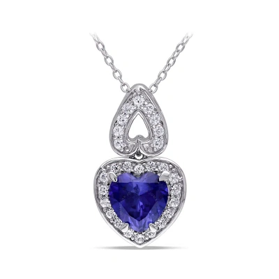 Amour 3 1/10 Ct Tgw Created Blue And Created White Sapphire Heart Halo Pendant With Chain In Sterlin