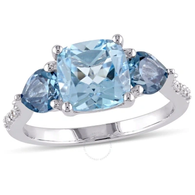 Amour 3 1/2 Ct Tgw Cushion Cut Sky And London Blue Topaz And Diamond Accent Ring In Sterling Silver In White