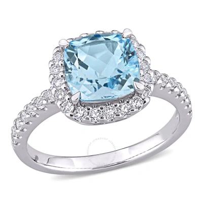 Amour 3 1/2 Ct Tgw Sky-blue Topaz And White Topaz Halo Ring In 10k White Gold
