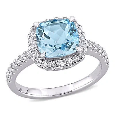 Pre-owned Amour 3 1/2 Ct Tgw Sky-blue Topaz And White Topaz Halo Ring In 10k White Gold