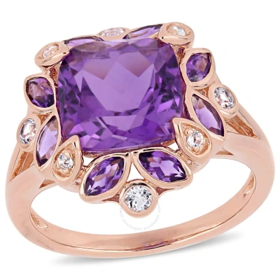 Amour 3 1/3 Ct Tgw Africa Amethyst And White Topaz Floral Ring In Rose Gold Plated Sterling Silver In Purple