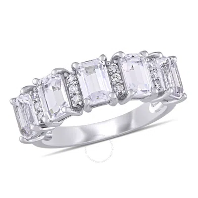 Amour 3 1/3 Ct Tgw Created White Sapphire And 1/10 Ct Tw Diamond Semi-eternity Ring In 10k White Gol In Metallic