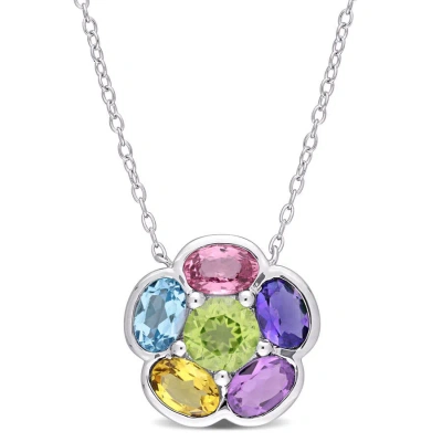 Amour 3 1/3 Ct Tgw Multi-gem Floral Pendant In Sterling Silver In White