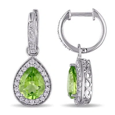 Pre-owned Amour 3 1/3 Ct Tgw Pear Shaped Peridot And 1/2 Ct Tw Diamond Halo Earrings In In White