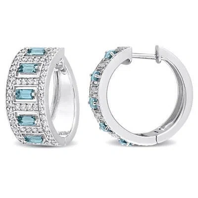 Pre-owned Amour 3 1/3ct Tgw Baguette London Blue Topaz And White Topaz Huggie Hoop