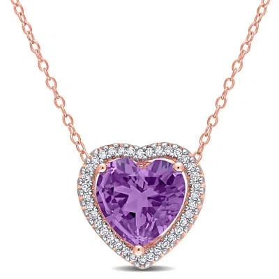 Pre-owned Amour 3 1/4 Ct Tgw Amethyst And 1/5 Tw Diamond Halo Heart Necklace With Chain In In Pink