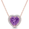 AMOUR AMOUR 3 1/4 CT TGW AMETHYST AND 1/5 TW DIAMOND HALO HEART NECKLACE WITH CHAIN IN ROSE PLATED STERLIN