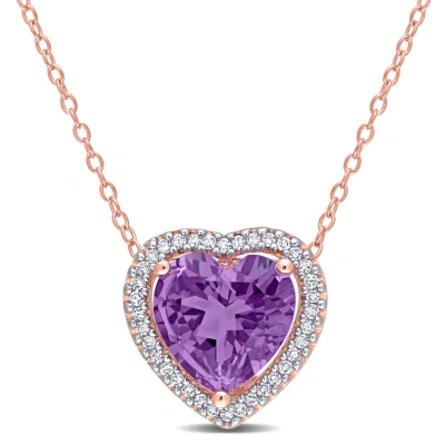 Amour 3 1/4 Ct Tgw Amethyst And 1/5 Tw Diamond Halo Heart Necklace With Chain In Rose Plated Sterlin In Pink