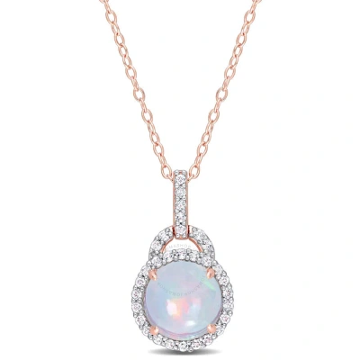 Amour 3 1/4 Ct Tgw Blue Ethiopian Opal And White Topaz Halo Pendant With Chain In Rose Plated Sterli In Pink