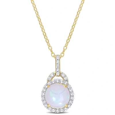 Amour 3 1/4 Ct Tgw Blue Ethiopian Opal And White Topaz Halo Pendant With Chain In Yellow Plated Ster In Gold